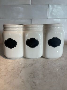 White Ceramic “Mason Jar”Trio Utensil Caddy w/Chalkboard Writable Labels
